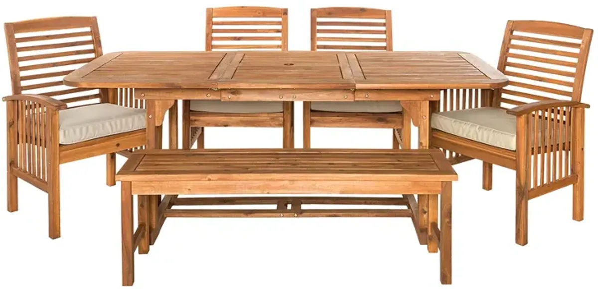 WALKER EDISON 6 Piece Acacia Wood Outdoor Patio Dining Set with Cushions