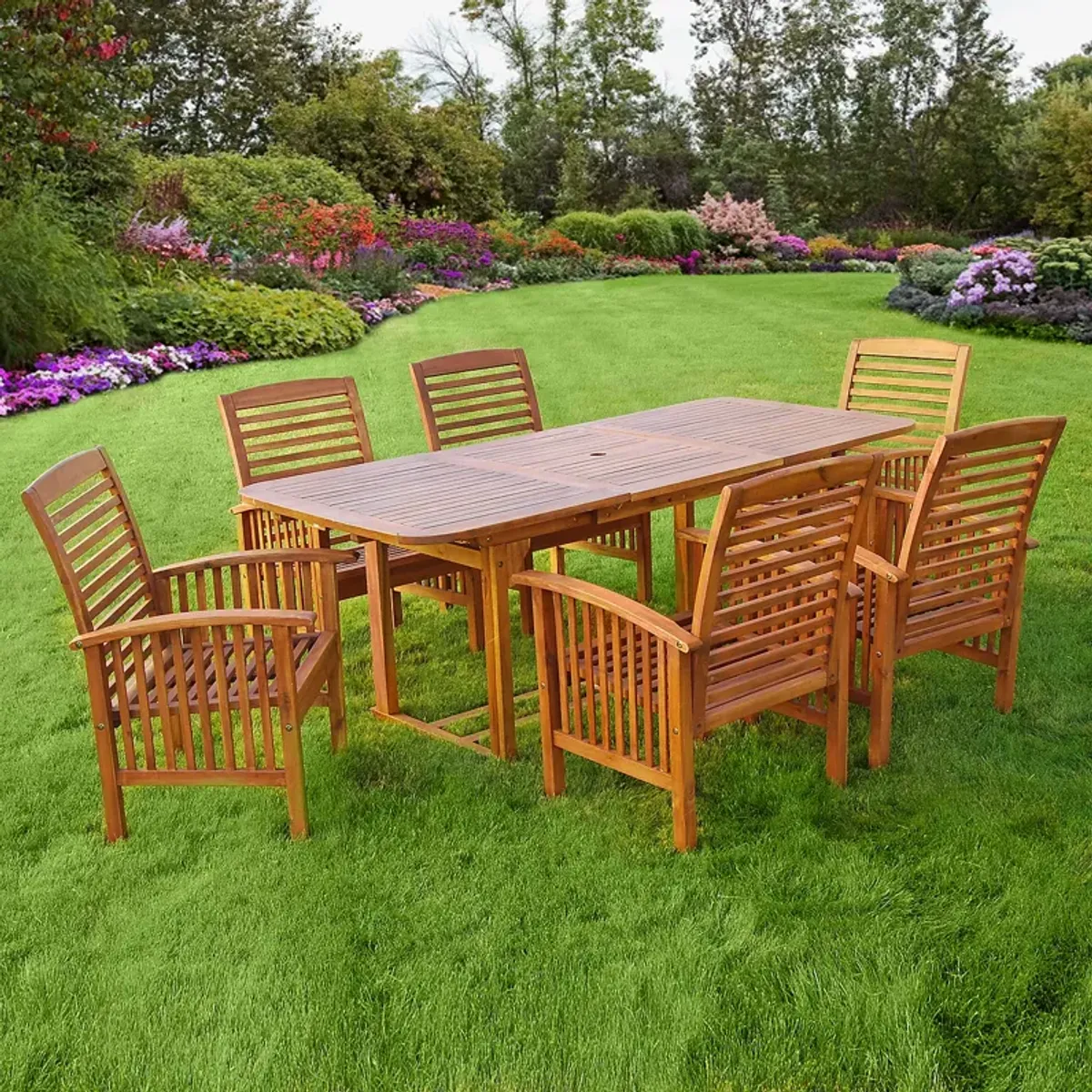 WALKER EDISON 7 Piece Acacia Wood Outdoor Patio Dining Set with Cushions