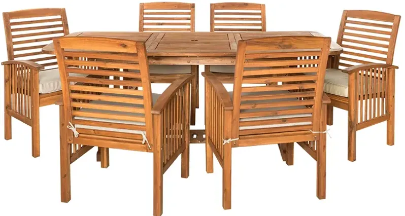 WALKER EDISON 7 Piece Acacia Wood Outdoor Patio Dining Set with Cushions