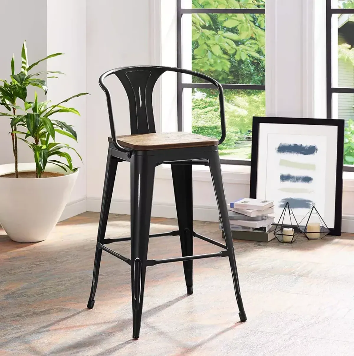 Modway Promenade Wooden Seat Bar Stool with Arms