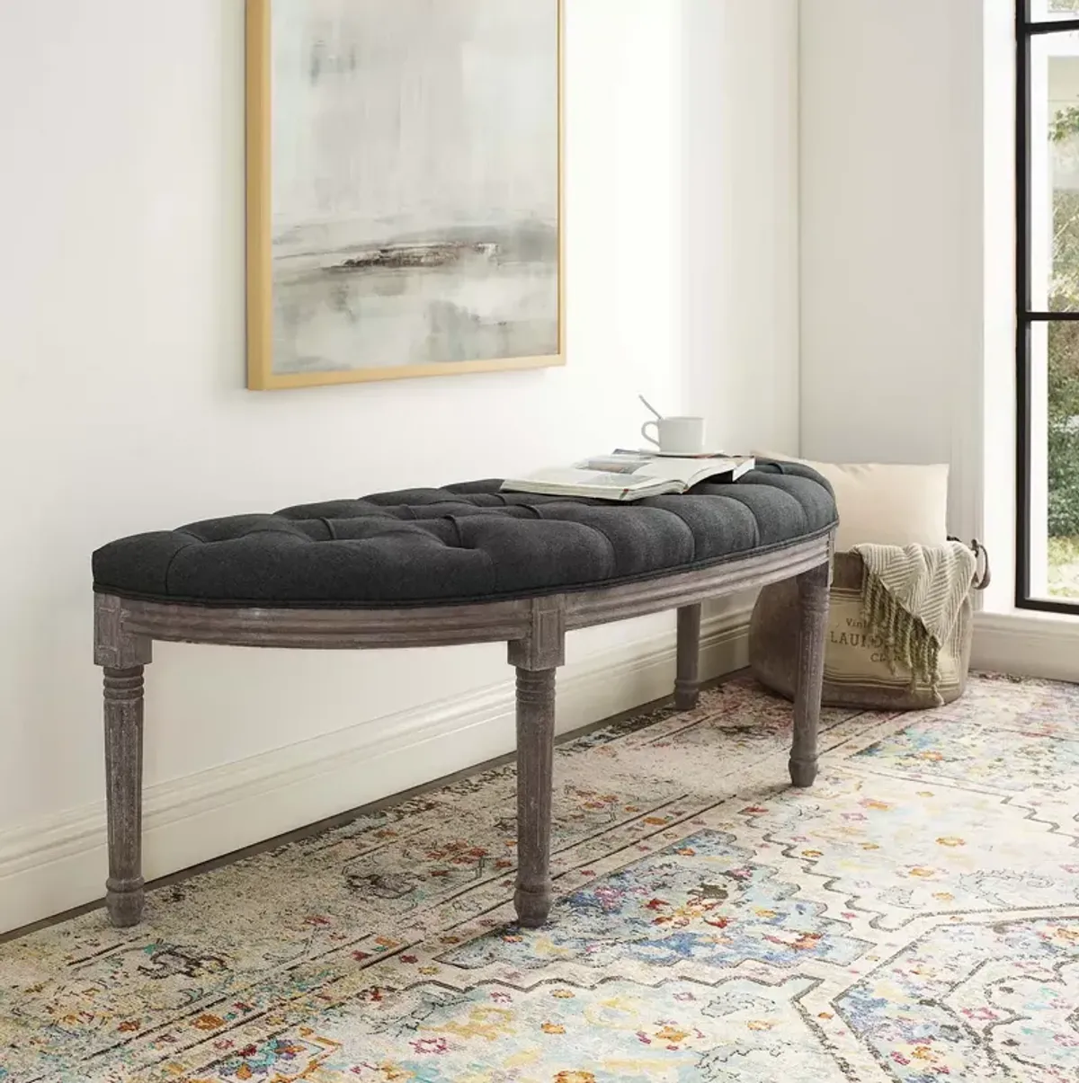 Modway Esteem Vintage French Upholstered Fabric Semi-Circle Bench