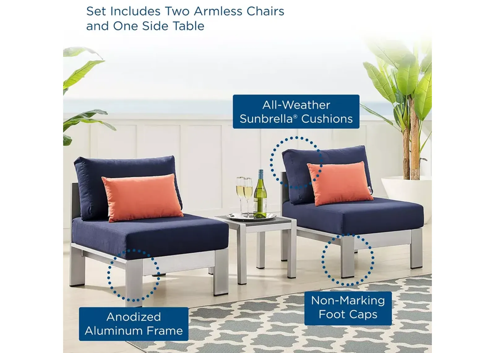 Modway Shore 3 Piece SunbrellaÂ® Fabric Aluminum Outdoor Patio Set