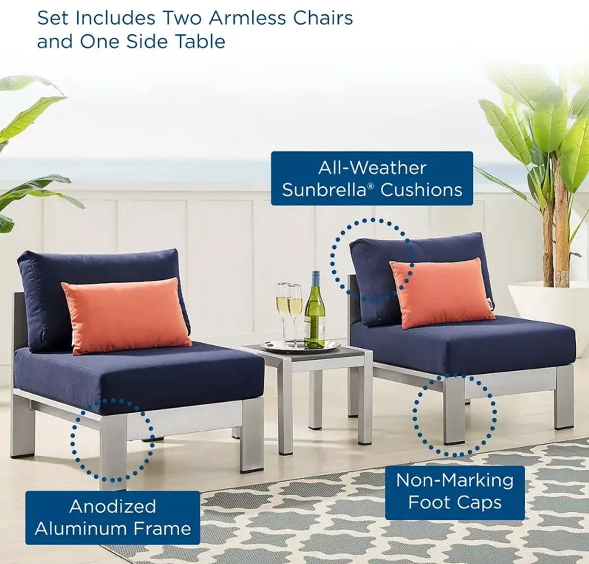 Modway Shore 3 Piece SunbrellaÂ® Fabric Aluminum Outdoor Patio Set