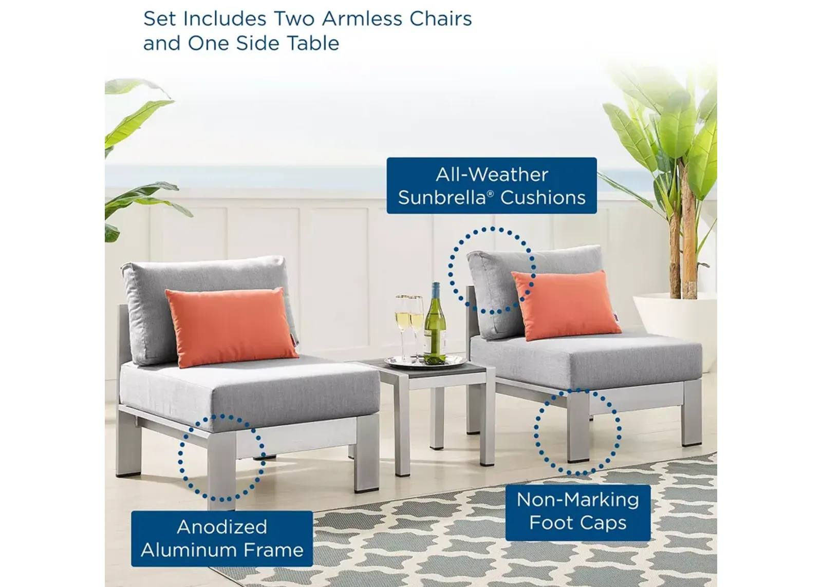 Modway Shore 3 Piece SunbrellaÂ® Fabric Aluminum Outdoor Patio Set