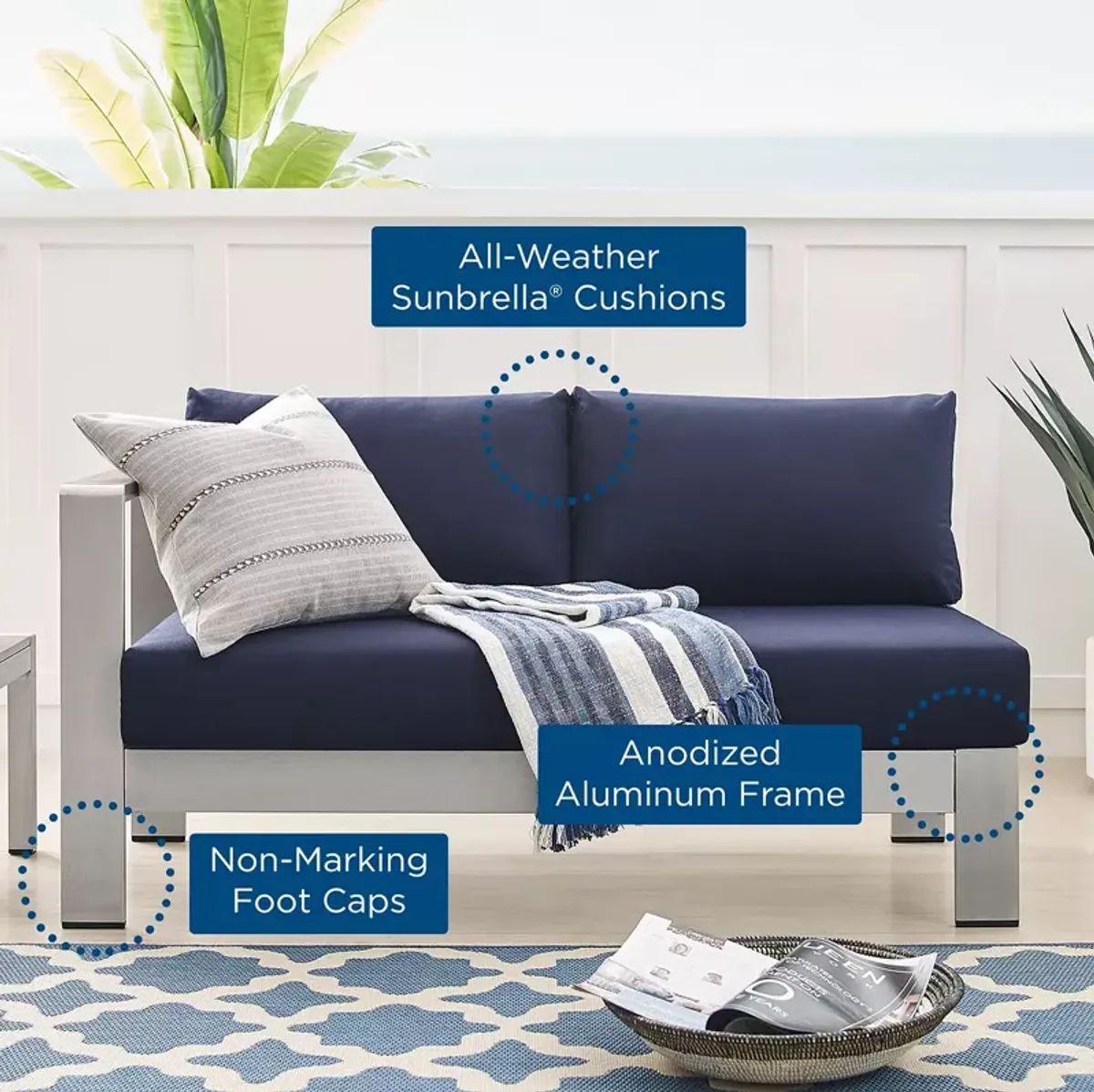 Modway Shore SunbrellaÂ® Fabric Aluminum Outdoor Patio Left Arm Loveseat