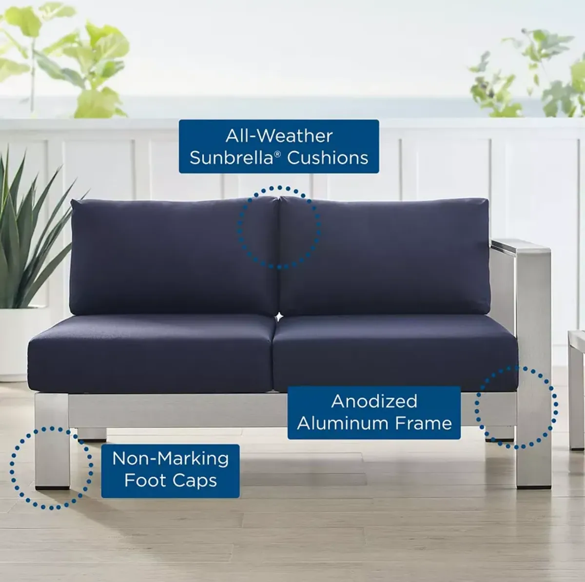 Modway Shore SunbrellaÂ® Fabric Aluminum Outdoor Patio Right Arm Loveseat