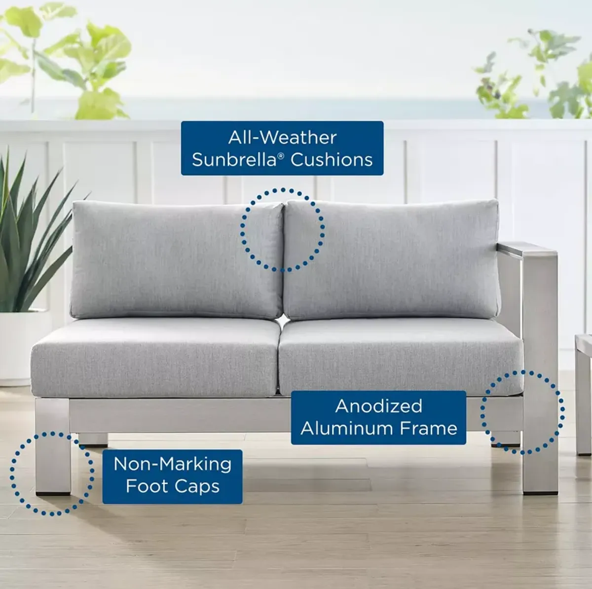 Modway Shore SunbrellaÂ® Fabric Aluminum Outdoor Patio Right Arm Loveseat