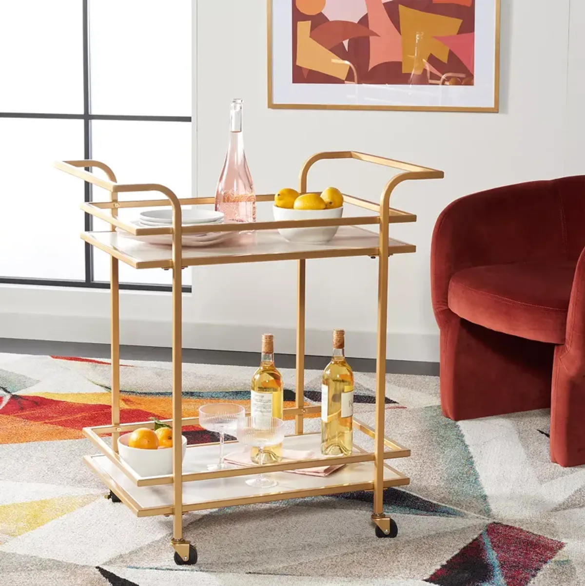 Safavieh Lameris 2 Tier Matte Gold Bar Cart with Handles