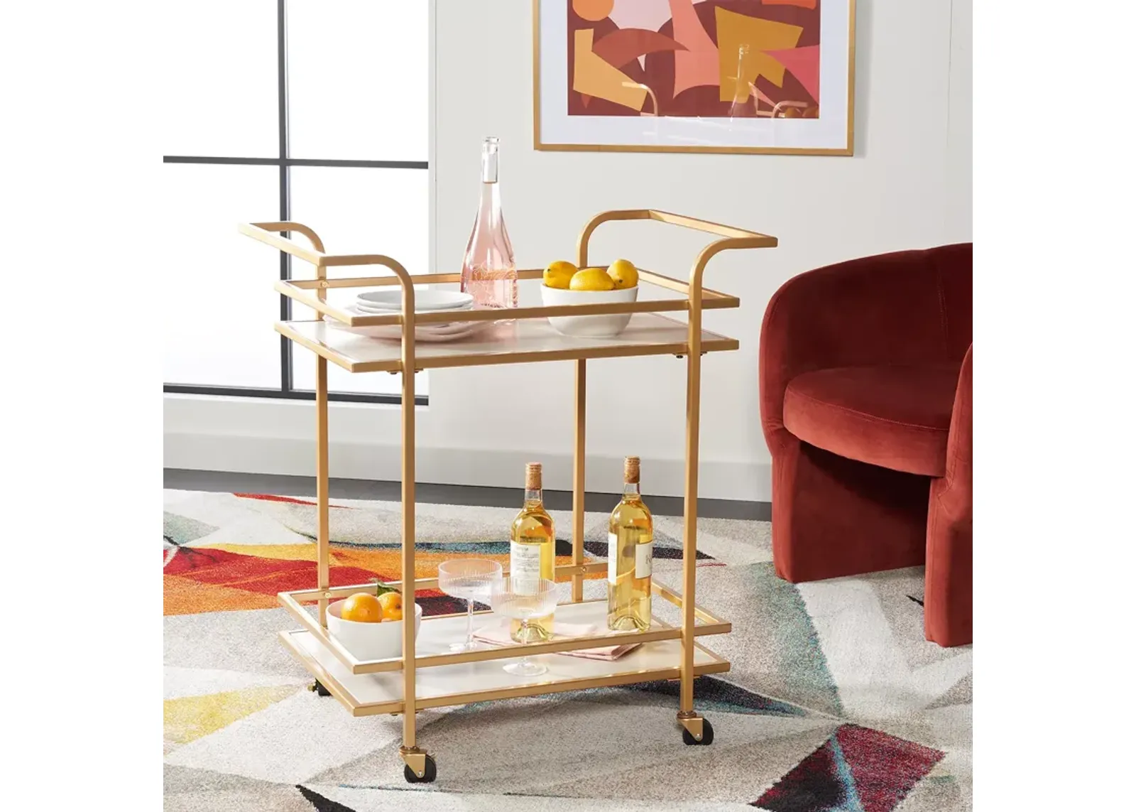 Safavieh Lameris 2 Tier Matte Gold Bar Cart with Handles