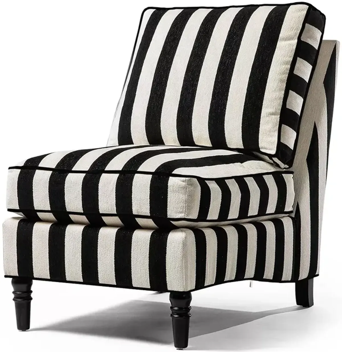 Mackenzie-Childs marquee black stripe chenille armless chair