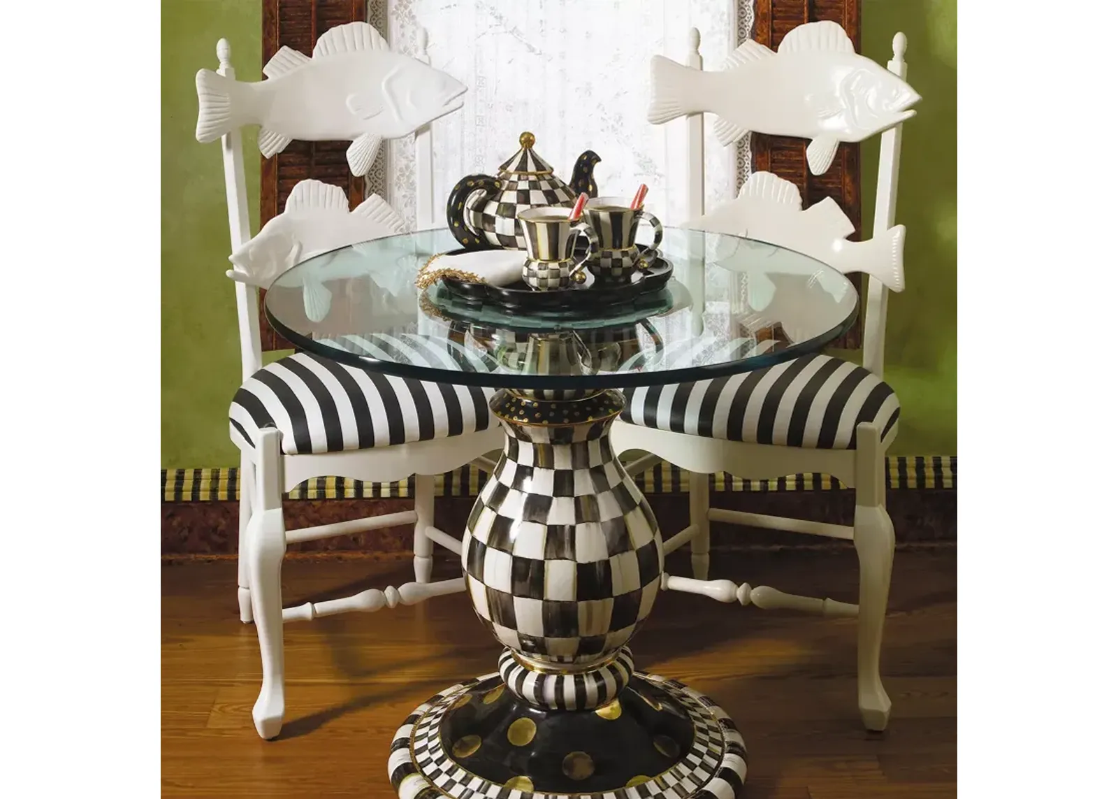 Mackenzie-Childs Courtly Check Ceramic Pedestal Table