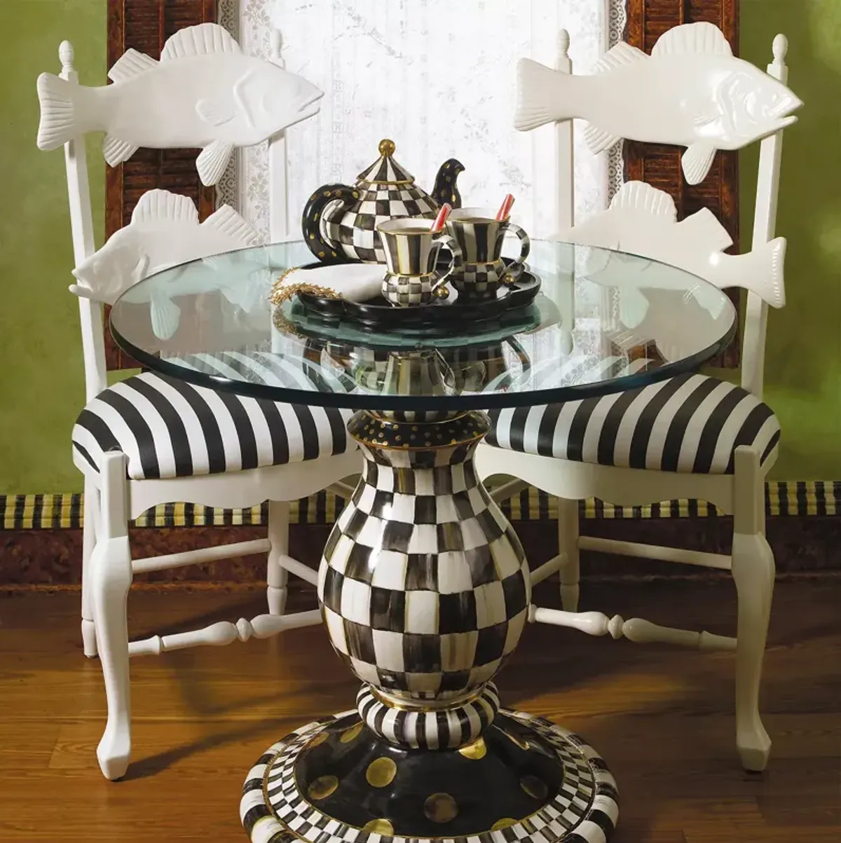 Mackenzie-Childs Courtly Check Ceramic Pedestal Table