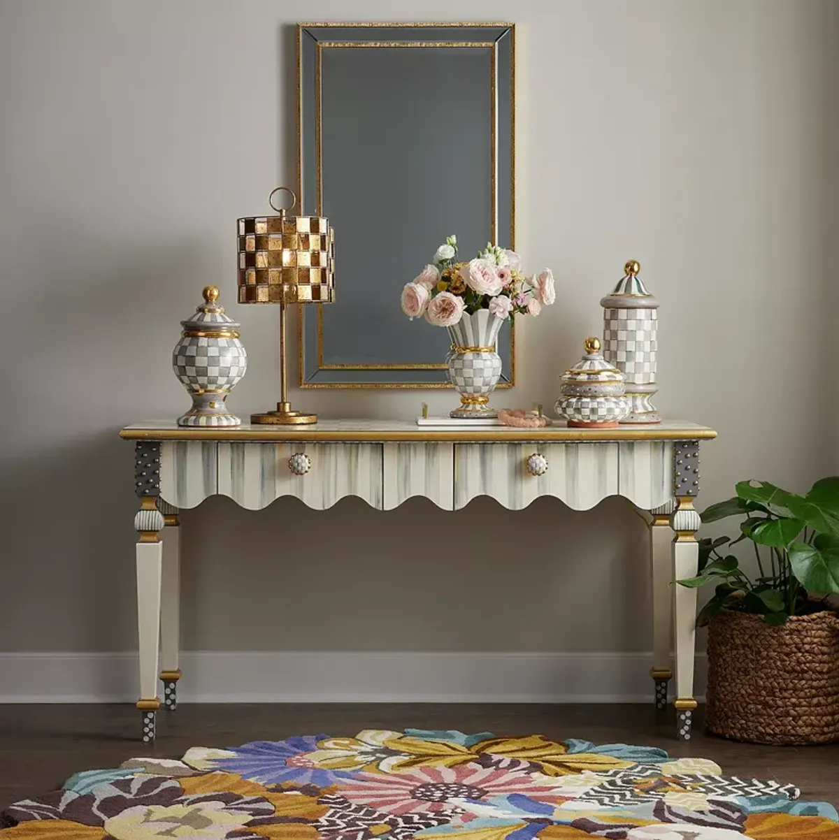 Mackenzie-Childs Sterling Check & Stripe Console Table