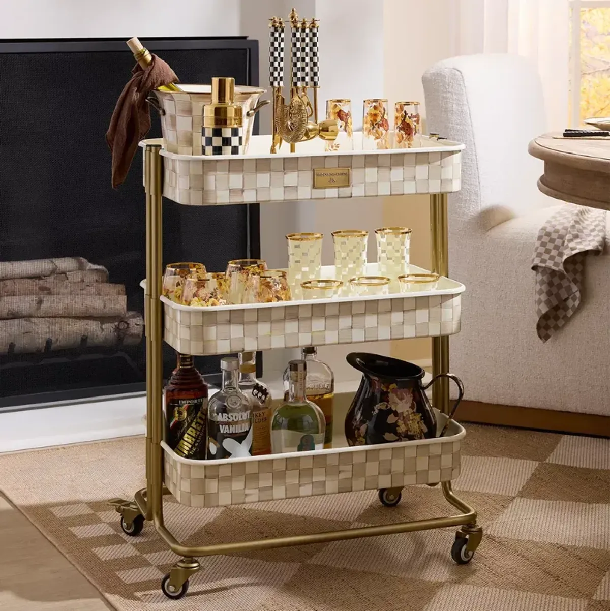 MacKenzie-Childs Mocha Check 3 Tier Kitchen Cart