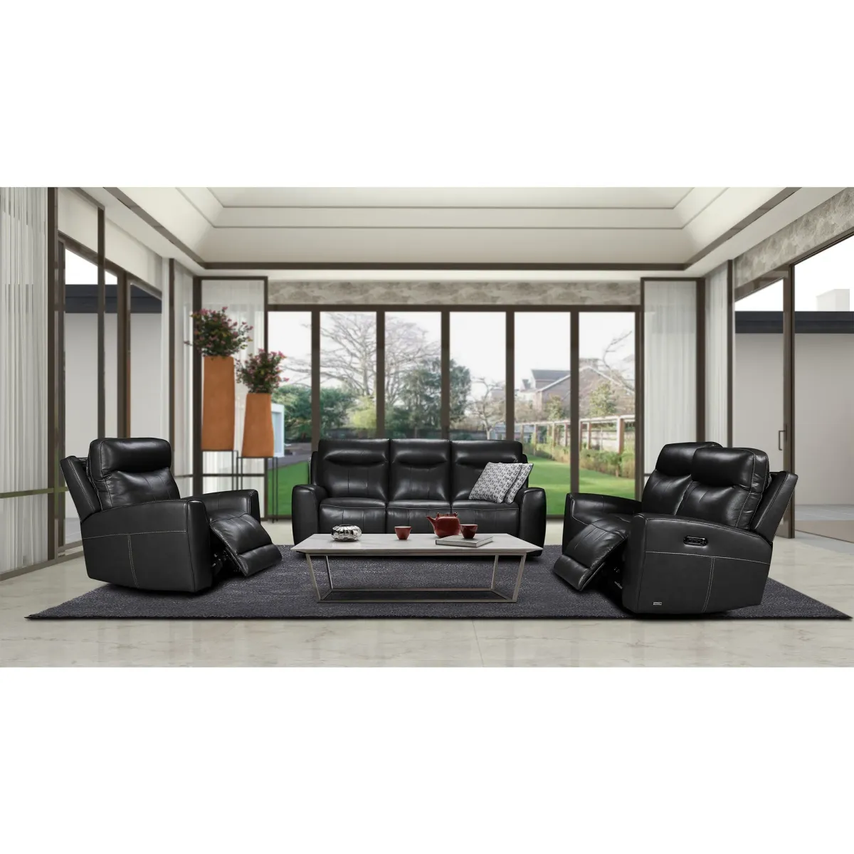 Pewter Grey Power Headrest Reclining Sofa with Power Lumbar