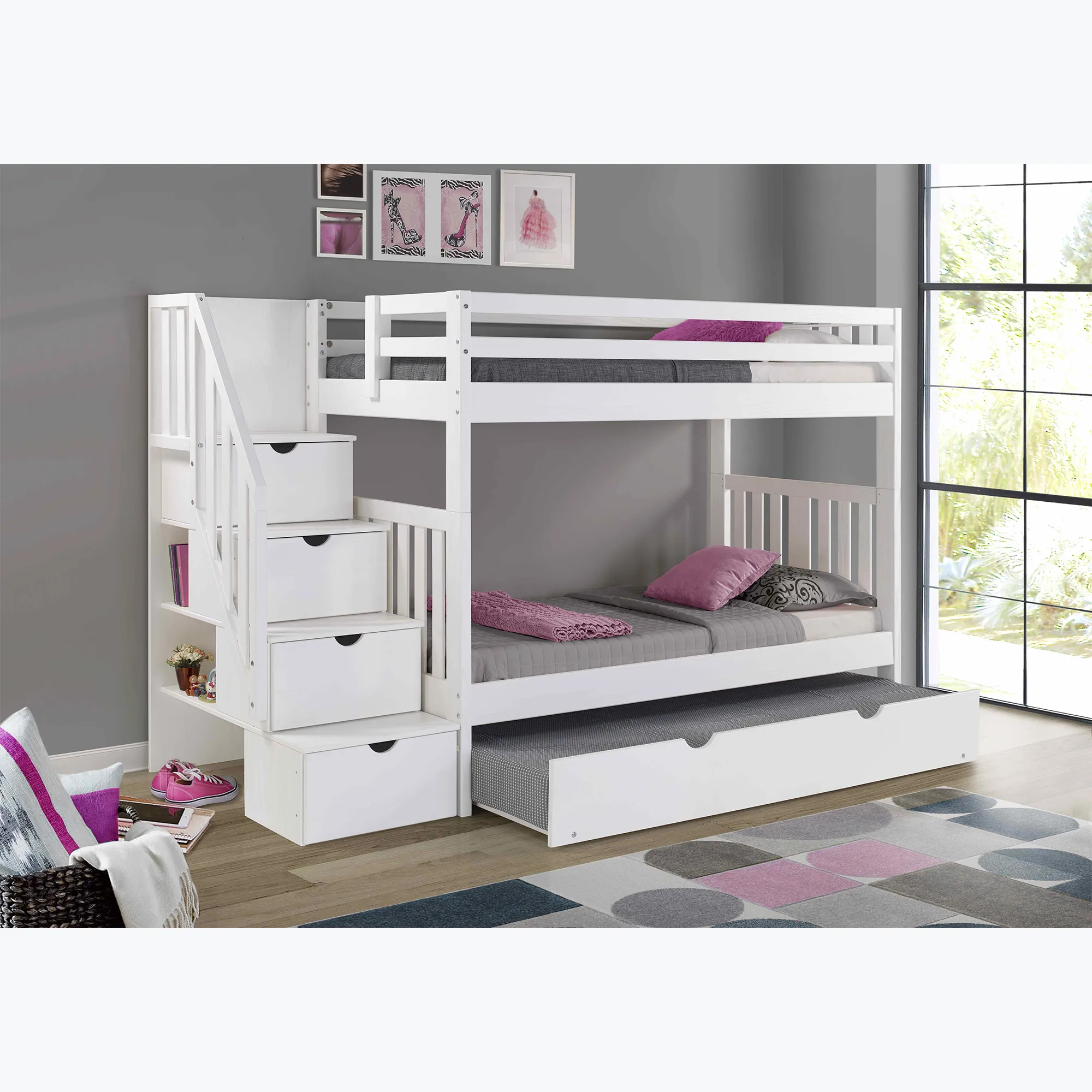 Cambridge White Staircase Bunk Bed with Trundle-Twin Over Twin