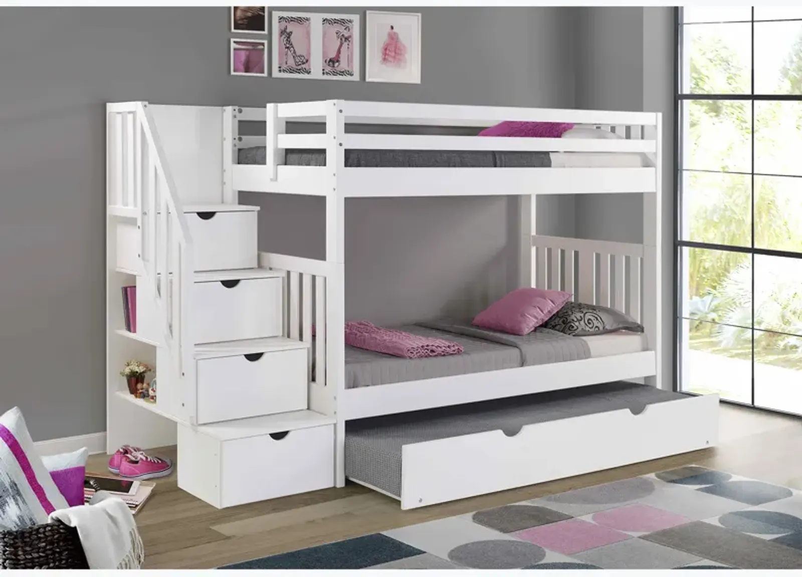 Cambridge White Staircase Bunk Bed with Trundle-Twin Over Full