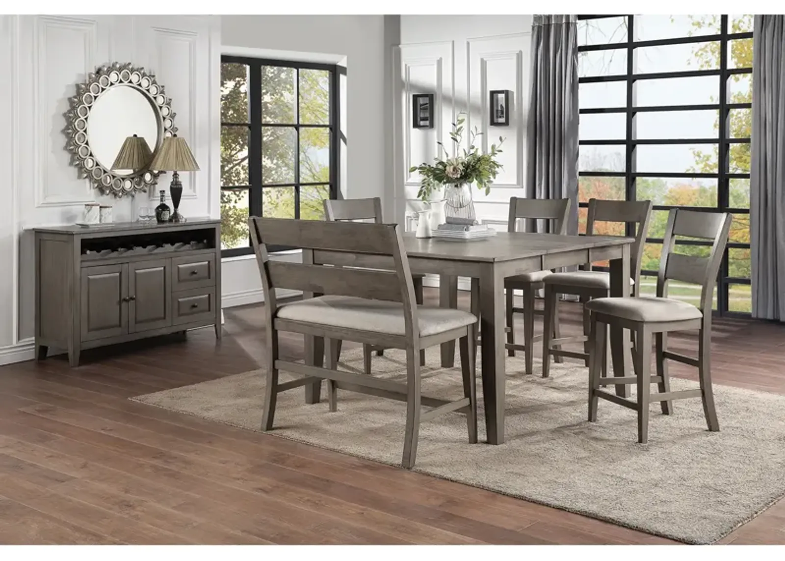 Grey Mango 6 Piece Pub Set (Pub Table with 4 Stools and Bench)