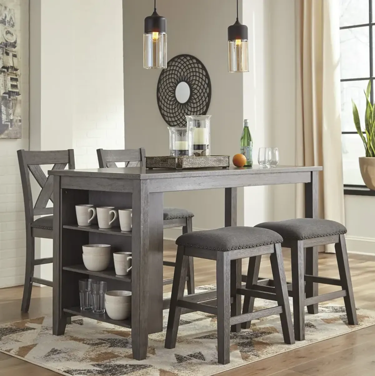 Caitbrook 4 Piece Set (Table w/2 Counter Stools & 2 Backless Stools)