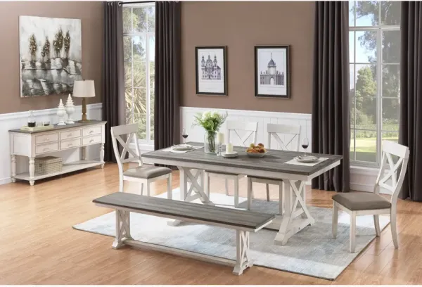 Bar Harbor White 6 Piece Dining Set (Trestle Table with 4 Side Chairs and Bench)