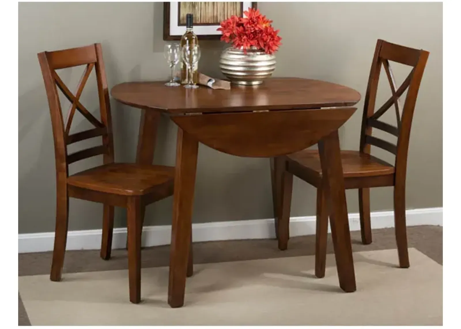 Simplicity Caramel 3 Piece Dinette Set (Drop Leaf Table with 2 X-Back Side Chairs)