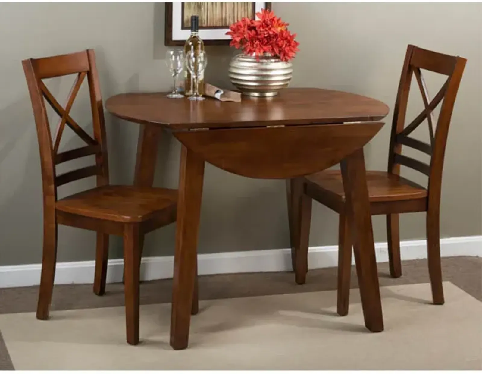 Simplicity Caramel 3 Piece Dinette Set (Drop Leaf Table with 2 X-Back Side Chairs)