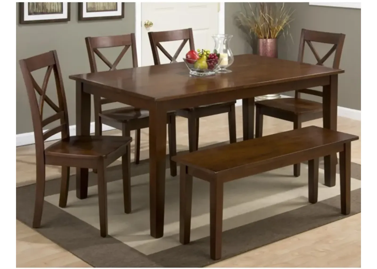 Simplicity Caramel 6 Piece Dining Set (Rectangular Table w/4 X-Back Side Chairs and Bench)