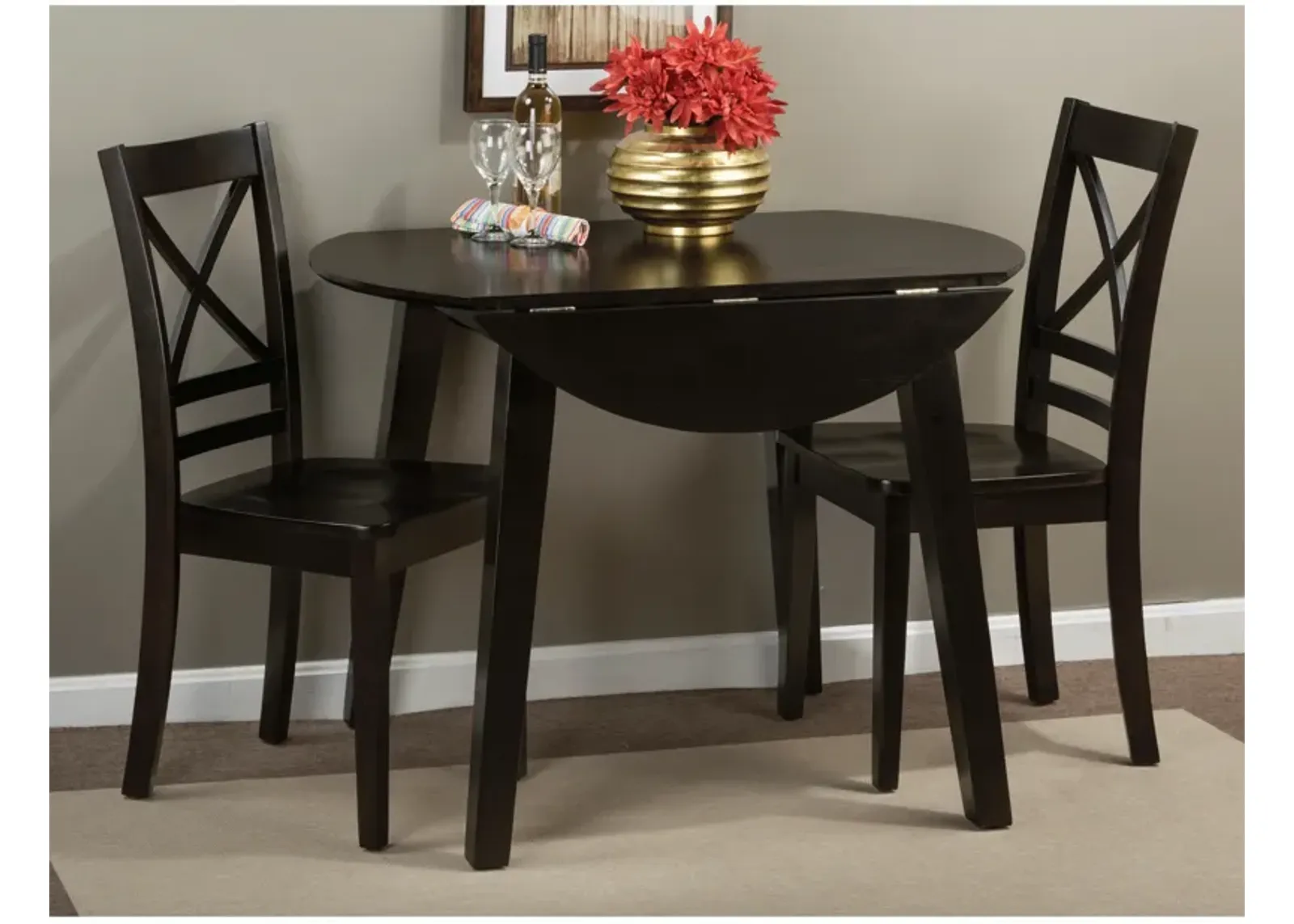 Simplicity Espresso 3 Piece Dining Set (Drop Leaf Table with 2 Side Chairs)