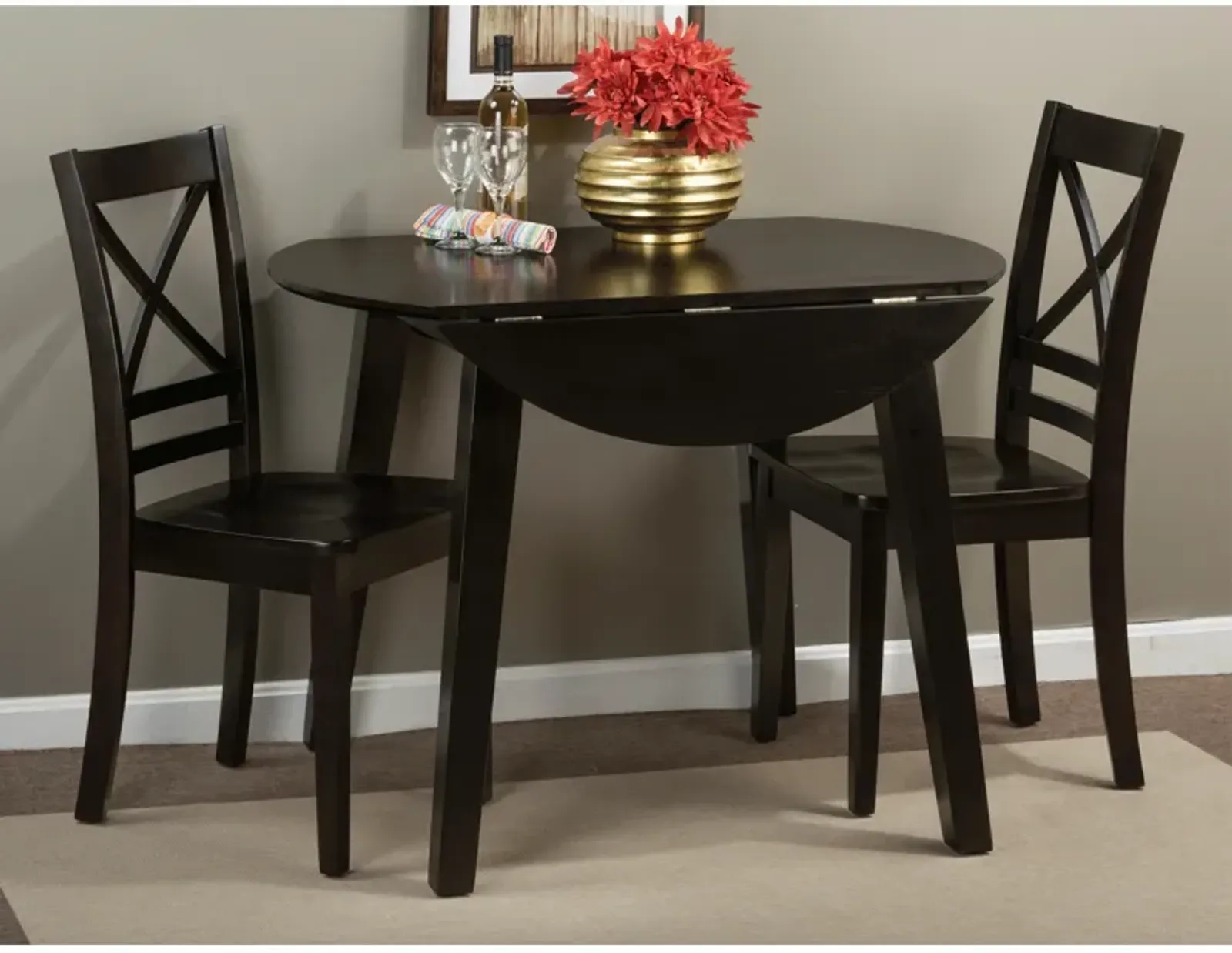 Simplicity Espresso 3 Piece Dining Set (Drop Leaf Table with 2 Side Chairs)