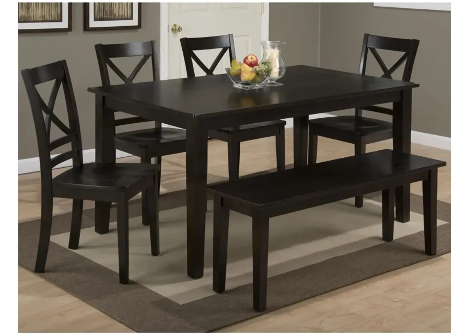 Simplicity Espresso 6 Piece Rectangular Set (Rectangular Table with 4 Side Chairs and Bench)