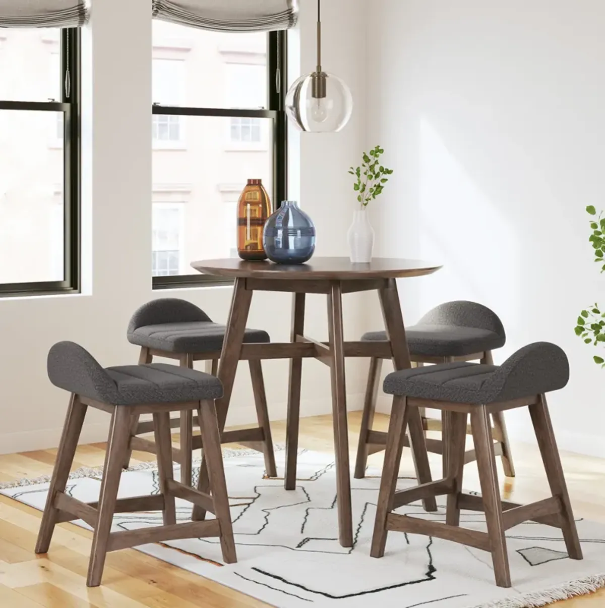 Lyncott 5 Piece Counter Set (Table with 4 Charcoal Stools)