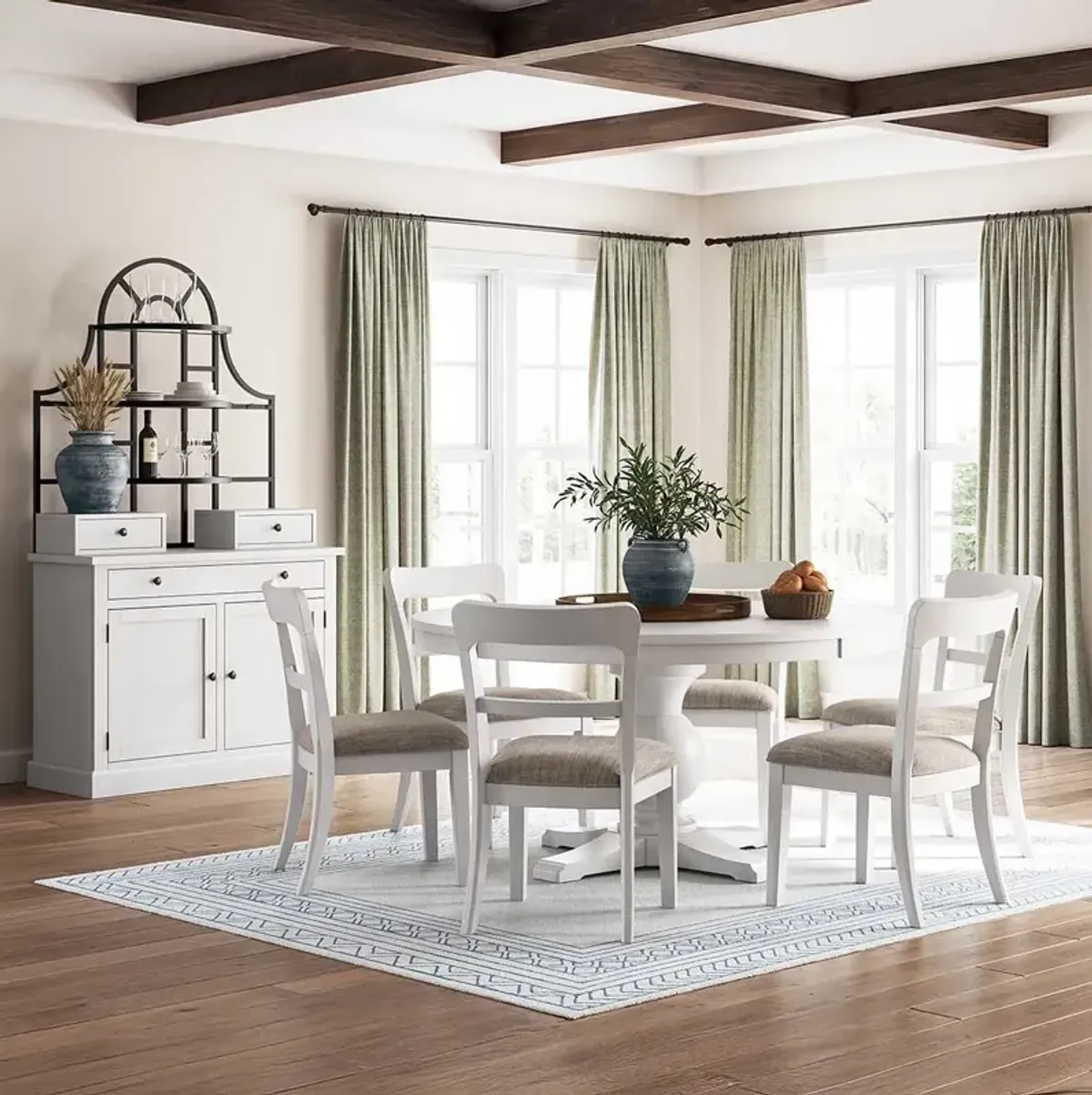 Country Manor Round Table with 6 White Bistro Chairs 