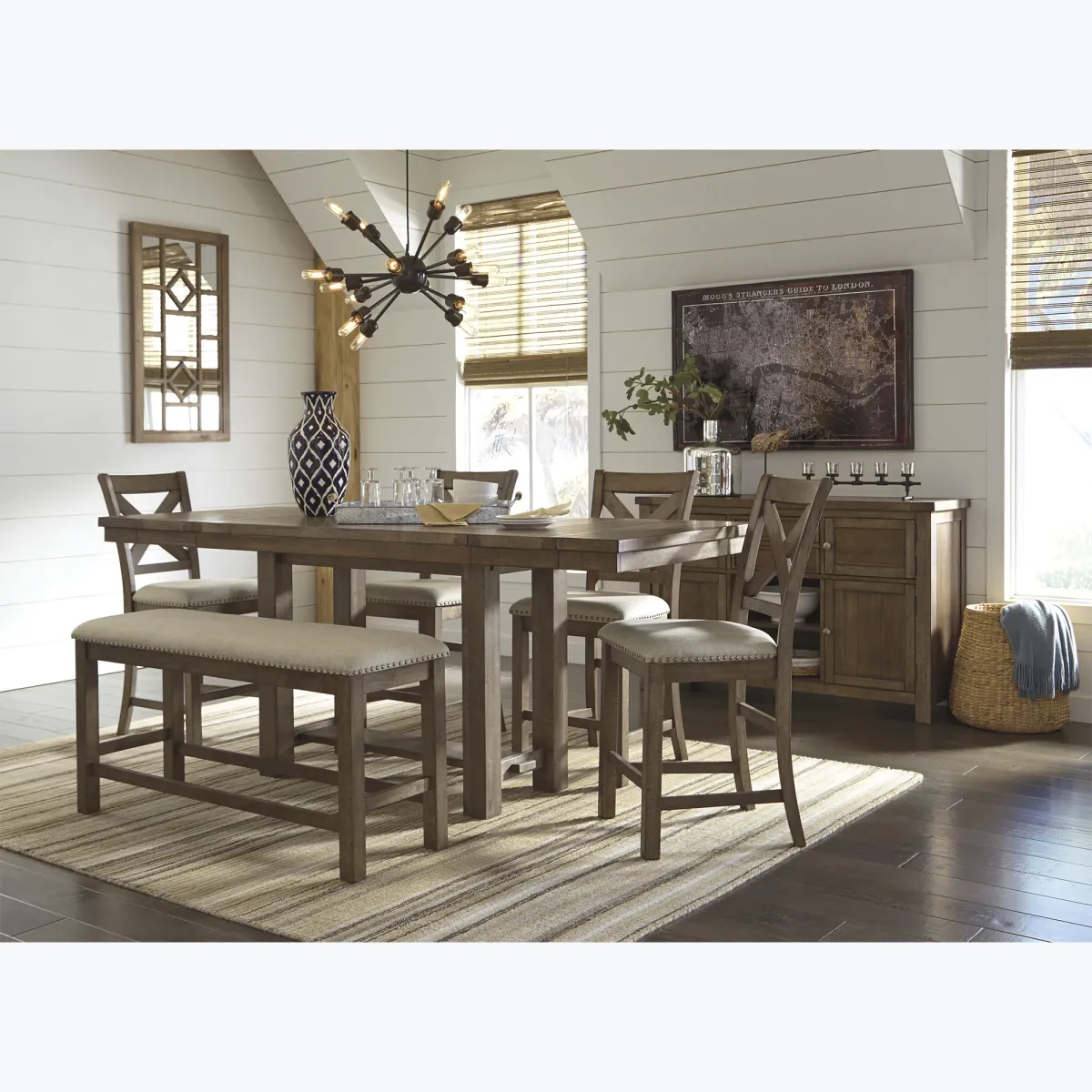 Moriville 6 Piece Counter Set (Table with 4 Stools and Bench)