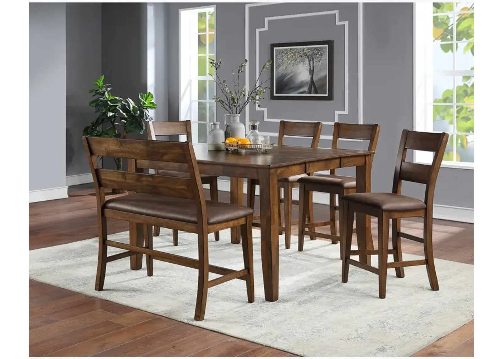 Nutmeg Mango 6 Piece Pub Set (Table with 4 Stools and Bench)