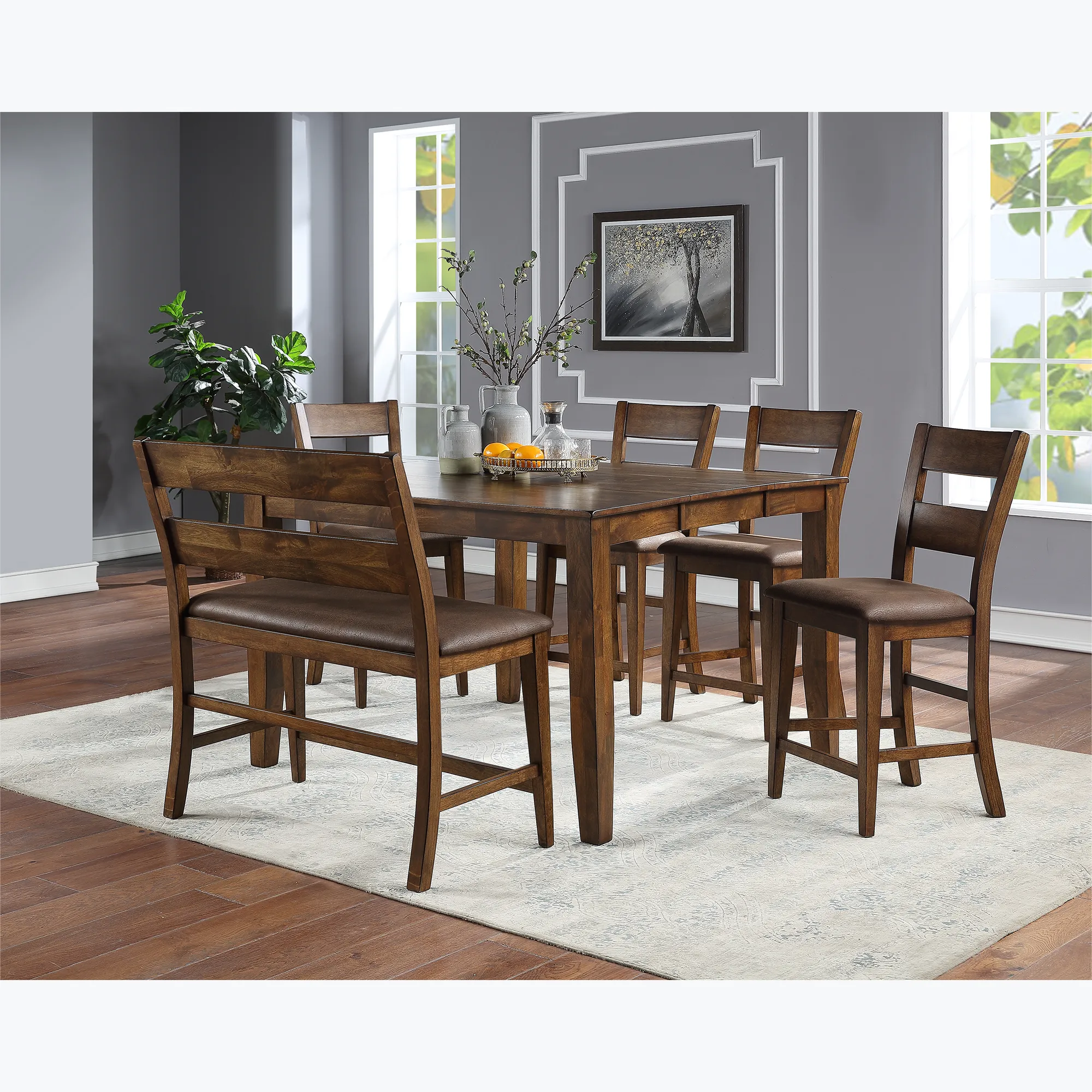 Nutmeg Mango 6 Piece Pub Set (Table with 4 Stools and Bench)