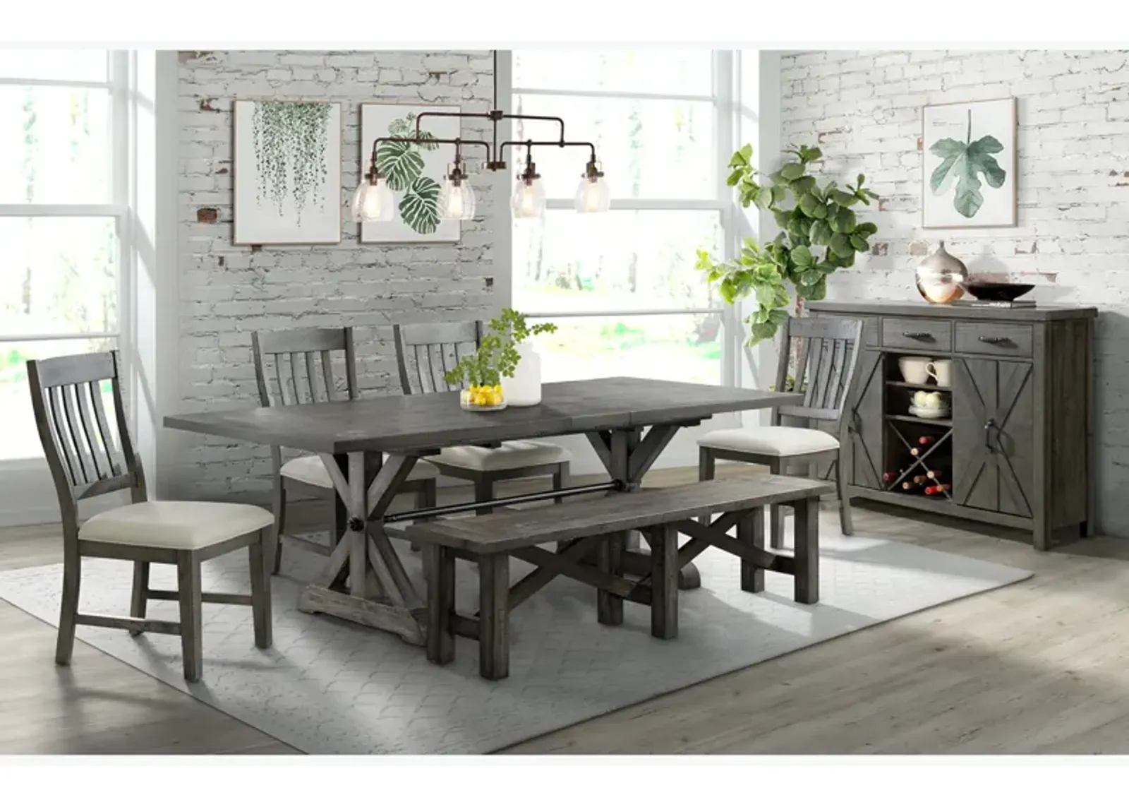 Sawbuck 6 Piece Dining Set (Table with 4 Side Chairs and Bench)