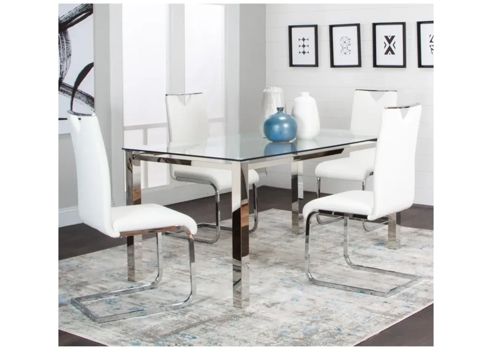 Skyline 5 Piece Dining Set (Glass Table with 4 White Side Chairs)