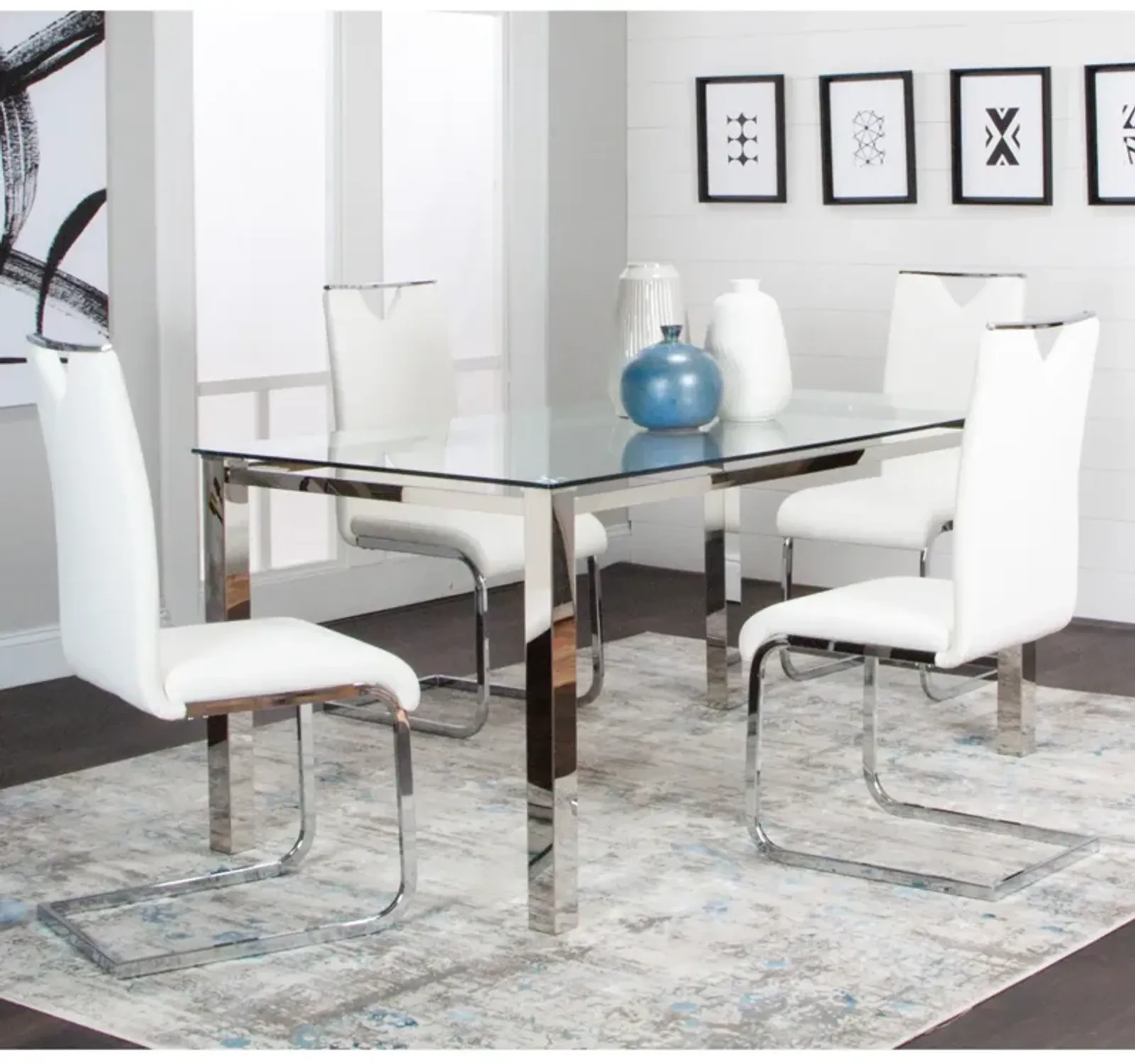 Skyline 5 Piece Dining Set (Glass Table with 4 White Side Chairs)