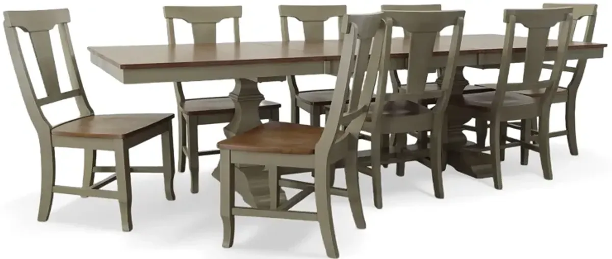 Vista Hickory/Stone 9 Piece Dining Set (Trestle Table with 8 Panelback Side Chairs)