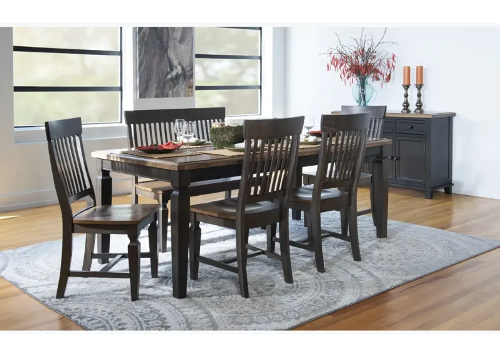 Vista Hickory/Coal 6 Piece Dining Table (Extension Table with 4 Slatback Side Chairs and Bench)