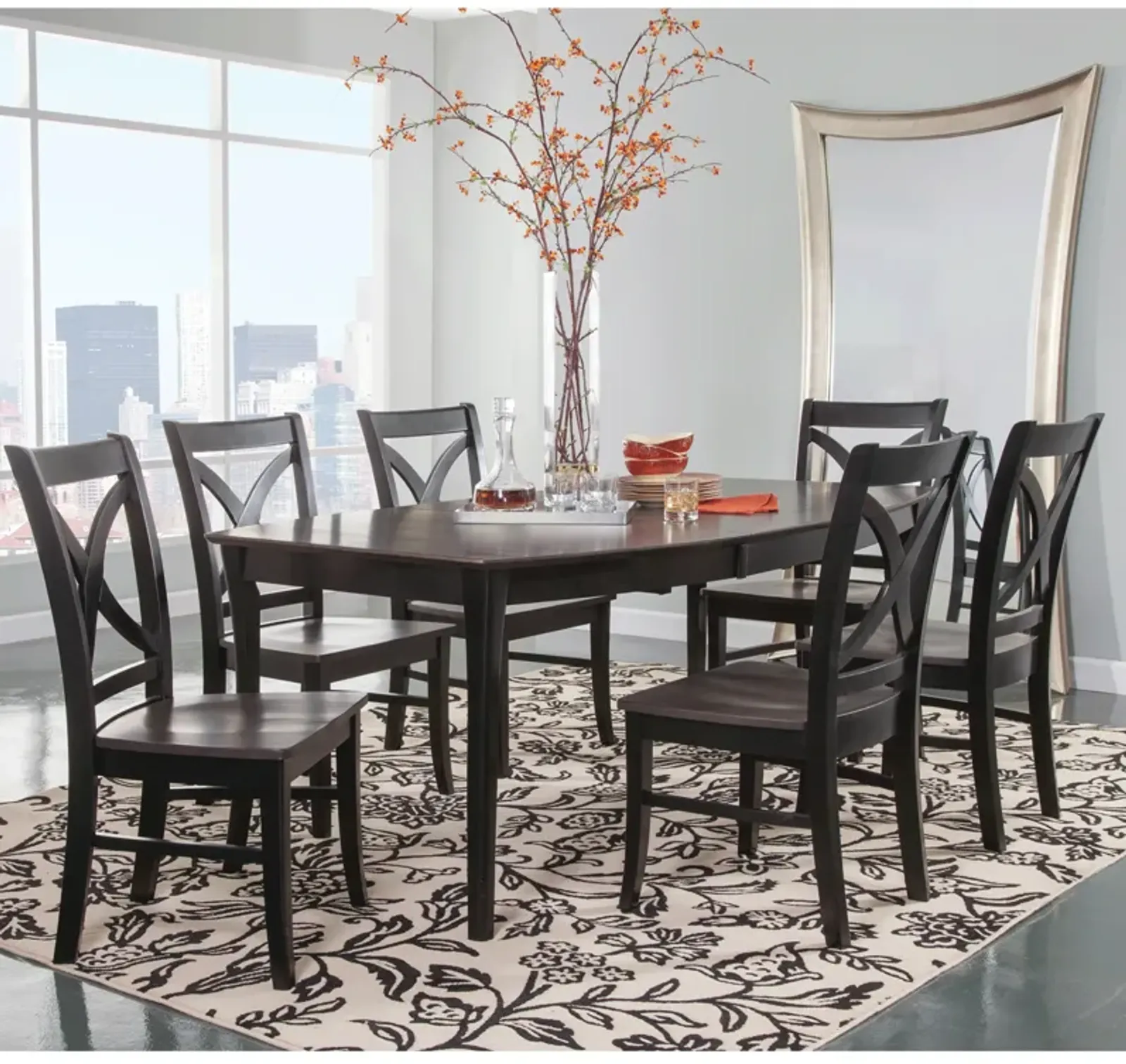 Cosmopolitan Coal/Black Dining Room 7 Piece Set - Butterfly Leaf Leg Table with 6 Salerno Side Chairs