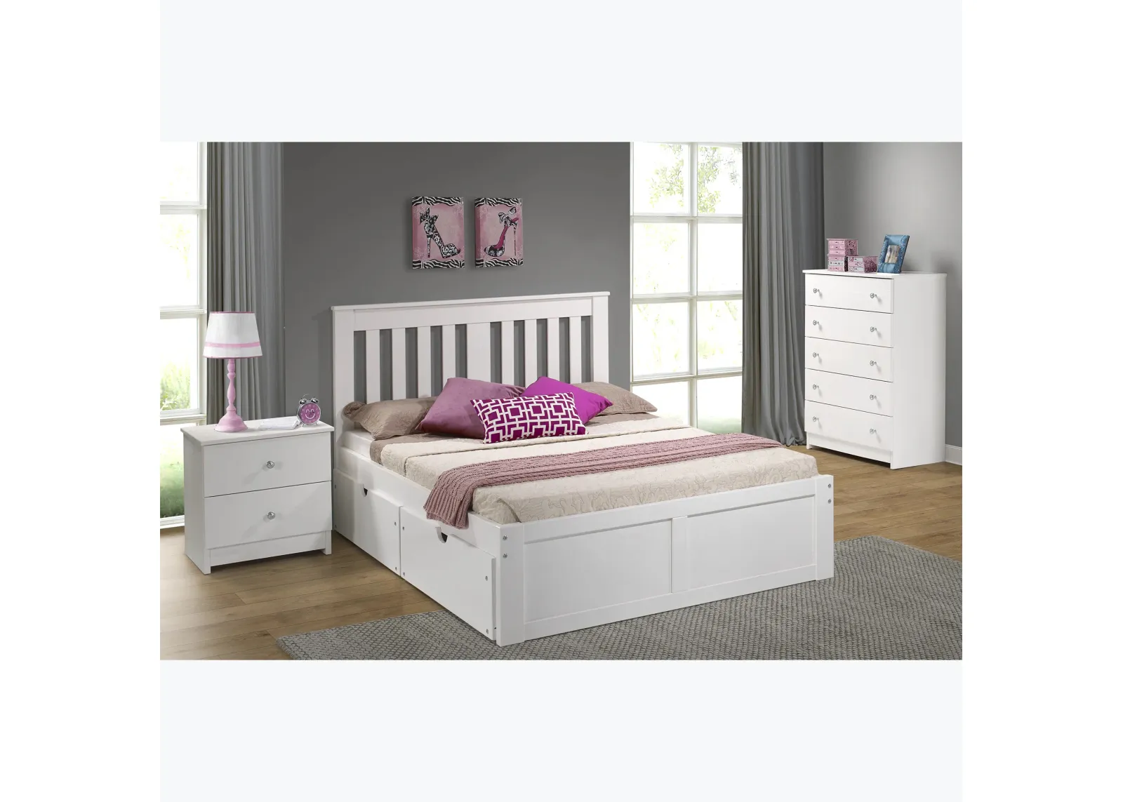 Cambridge White Platform Bed with Drawers