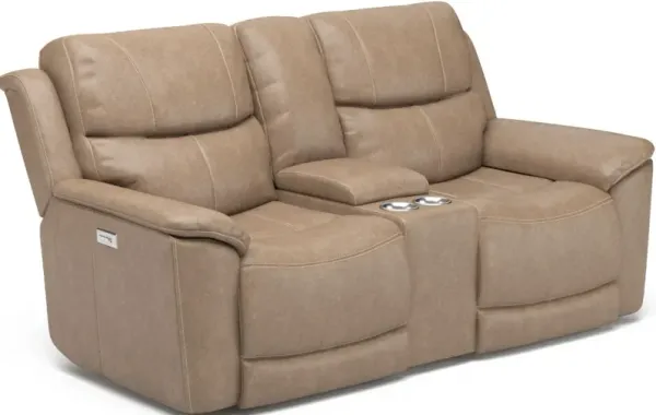 Flexsteel® Cade Beige Power Reclining Loveseat with Console and Power Headrests