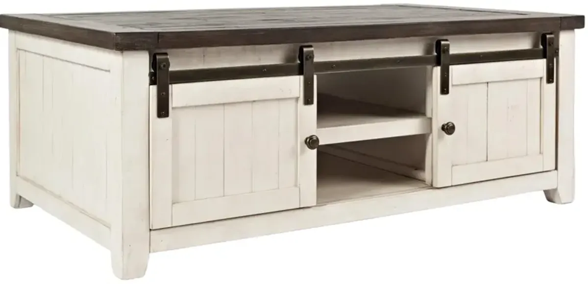 Jofran Inc. Madison County Barnwood Barn Door Cocktail Table with Vintage White Base