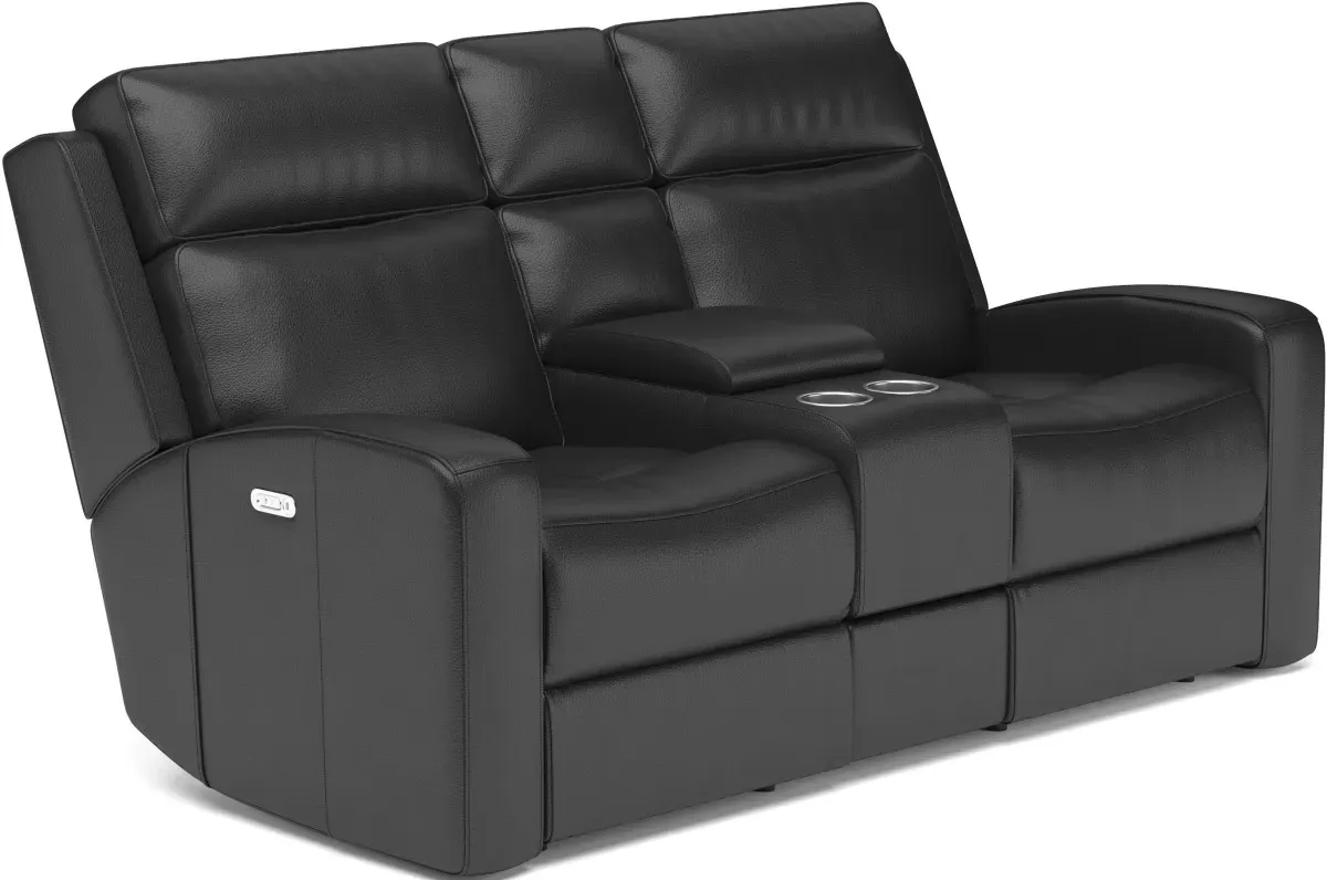 Flexsteel® Cody Grey Leather Power Reclining Loveseat with Console & Power Headrest