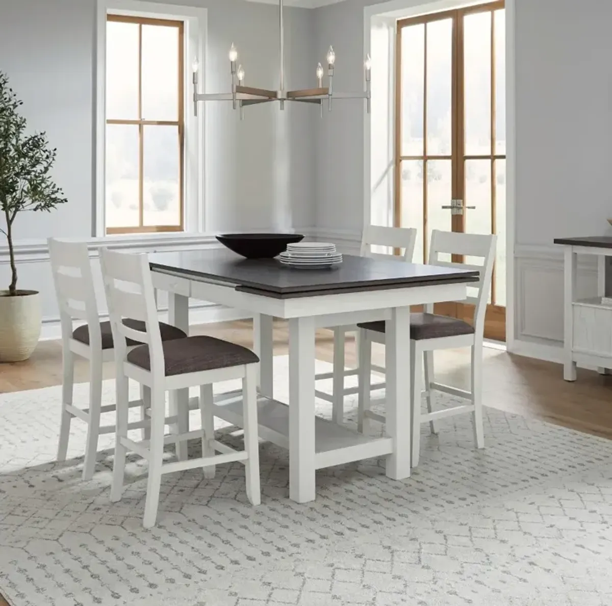 Liberty Furniture Brook Bay 5-Piece Carbon Gray/Textured White Gathering Trestle Dining Set