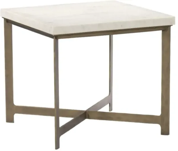Four Hands Hammered White Marble Top End Table with Antique Brass Base