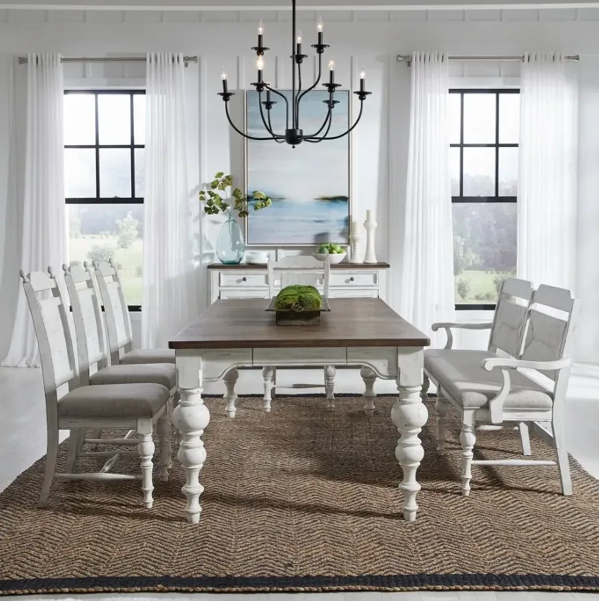 Liberty Furniture River Place 6-Piece Riverstone White/Tobacco Trestle Dining Table Set