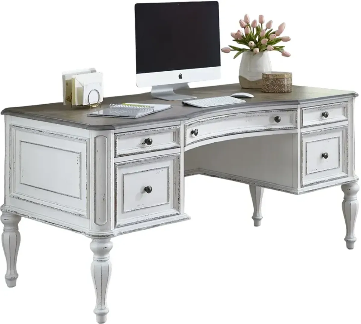 Liberty Furniture Magnolia Manor Weathered Bark Top Writing Desk with Antique White Base