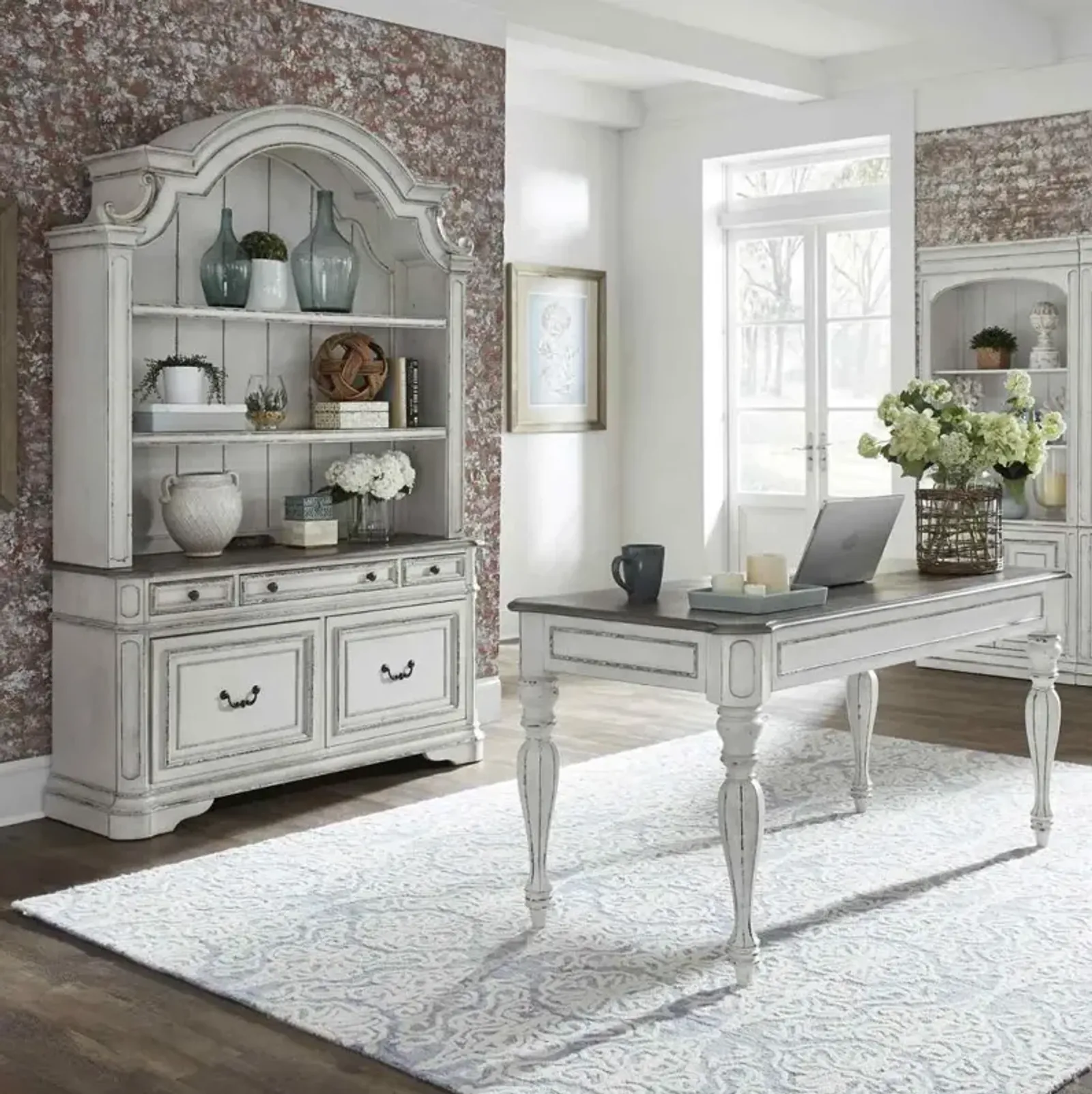 Liberty Furniture Magnolia Manor 3-Piece Antique White/Weathered Bark Desk and Hutch Set